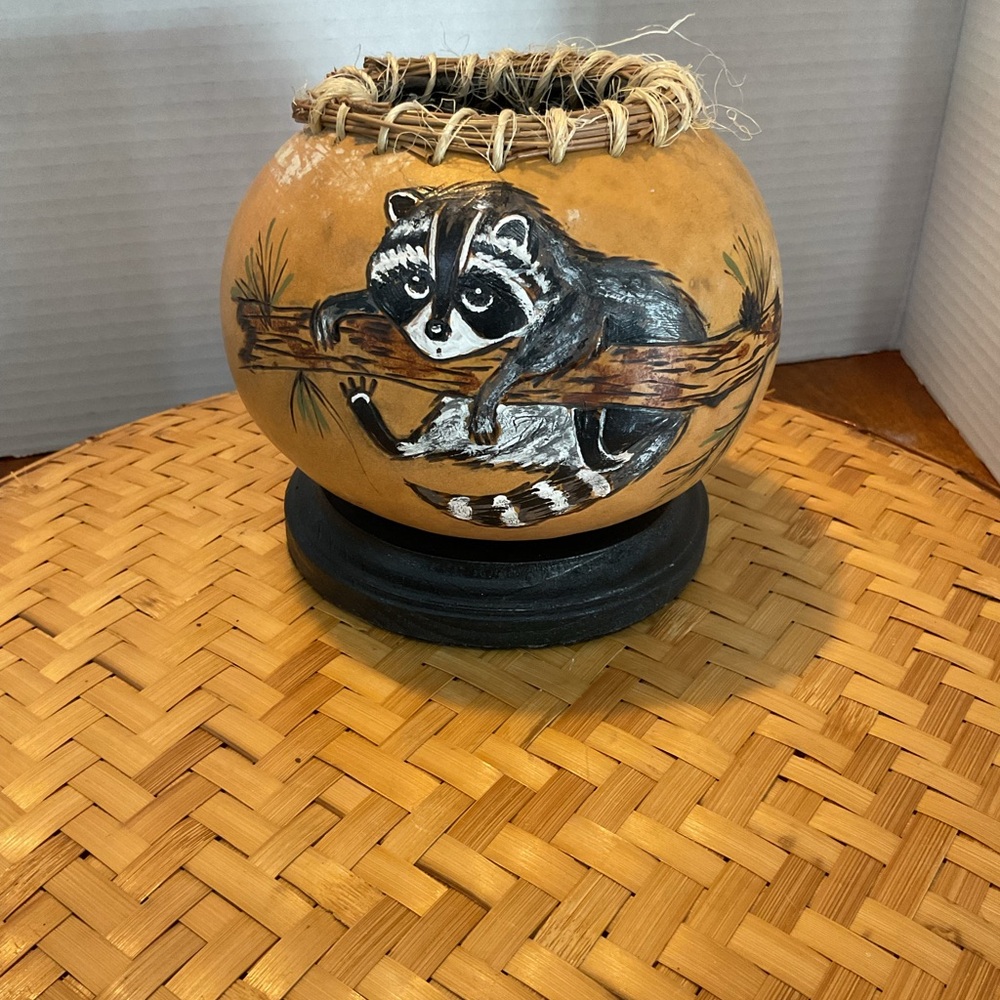 Hand-Painted Raccoon Gourd Vase